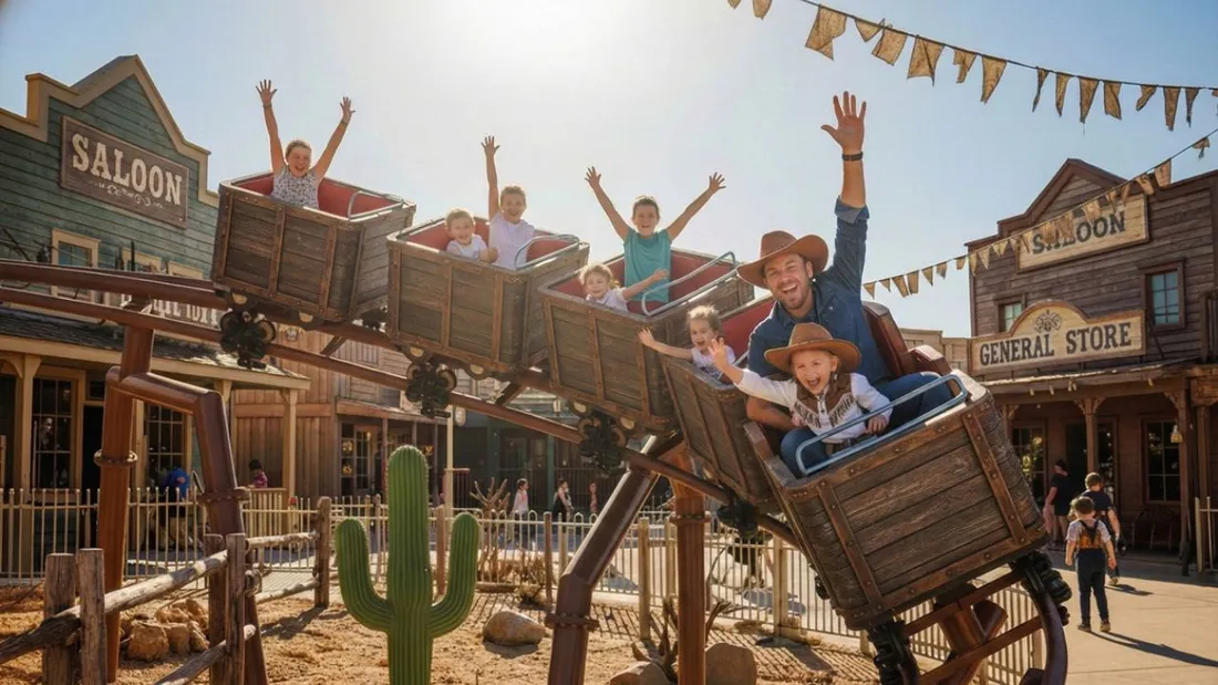 Attraction western d'O'Fun Park avec familles à bord